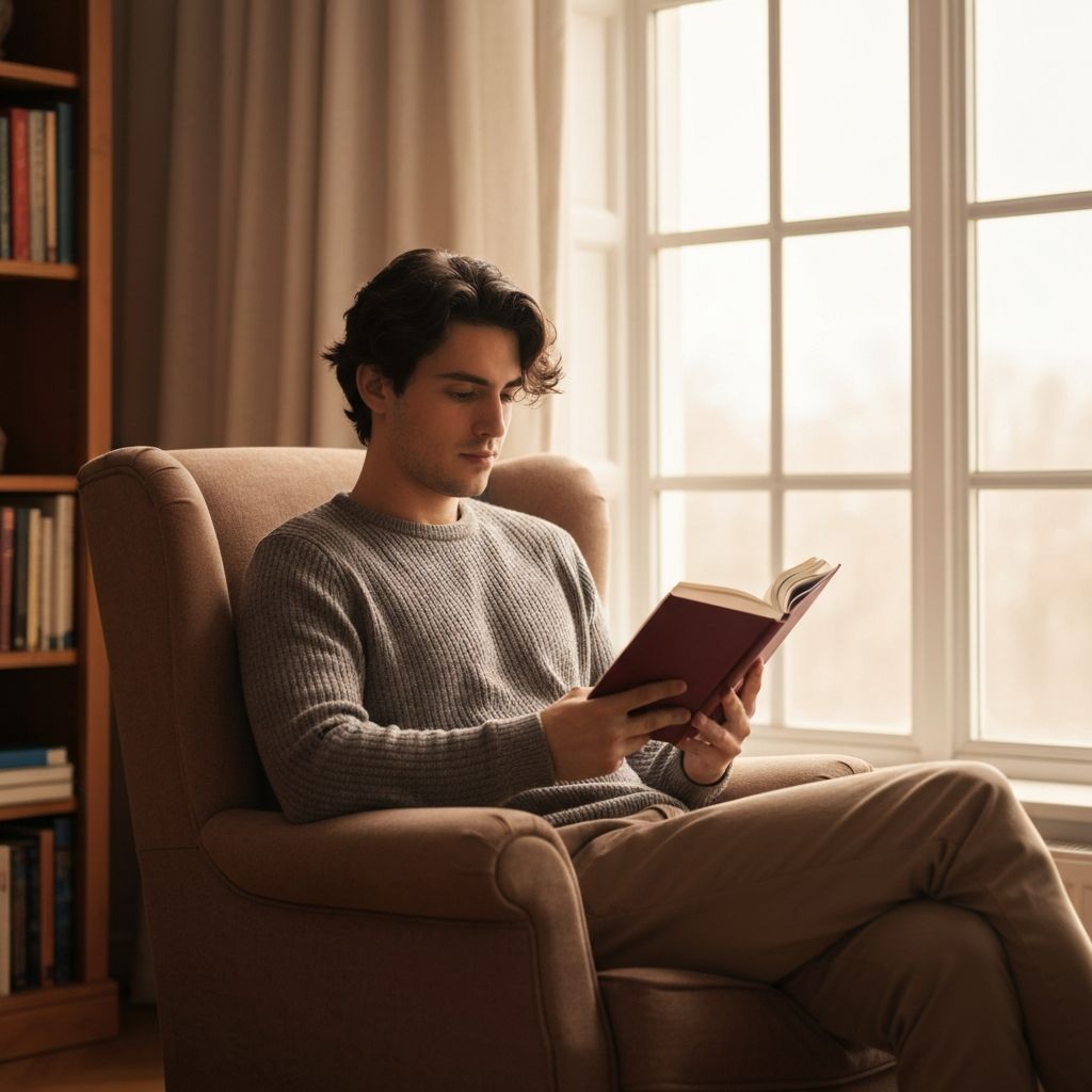 Pessoa a ler um livro tranquilamente numa cadeira confortável junto a uma janela com luz natural difusa, simbolizando aquisição de conhecimento e bem-estar visual
