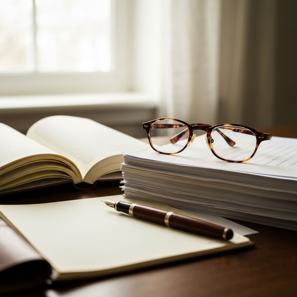 Mesa de estudo organizada com caderno aberto, caneta e óculos pousados, com iluminação suave de janela ao fundo, simbolizando reflexão, estudo e produção de conhecimento escrito