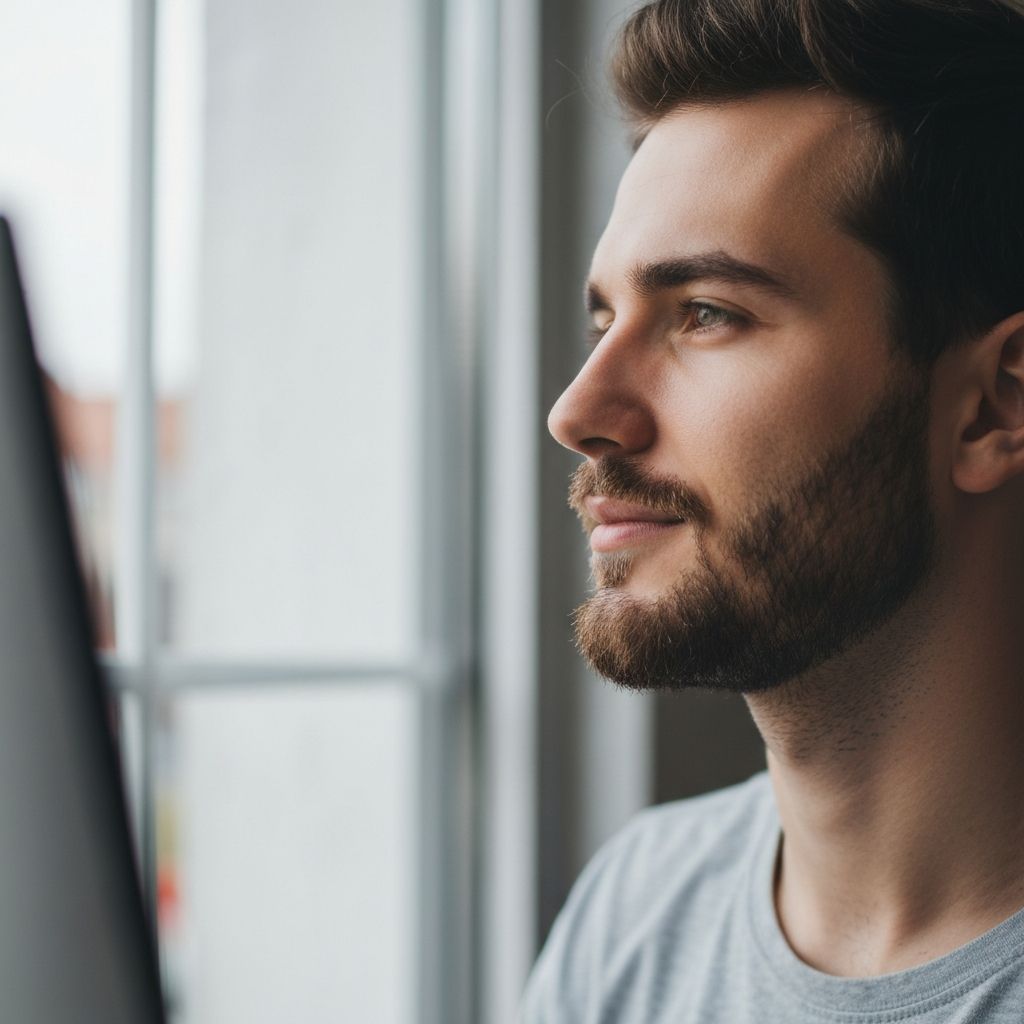 Pessoa a olhar pela janela durante uma pausa do computador, com olhos relaxados e expressão serena, com luz natural suave a entrar pela janela, simbolizando descanso visual consciente