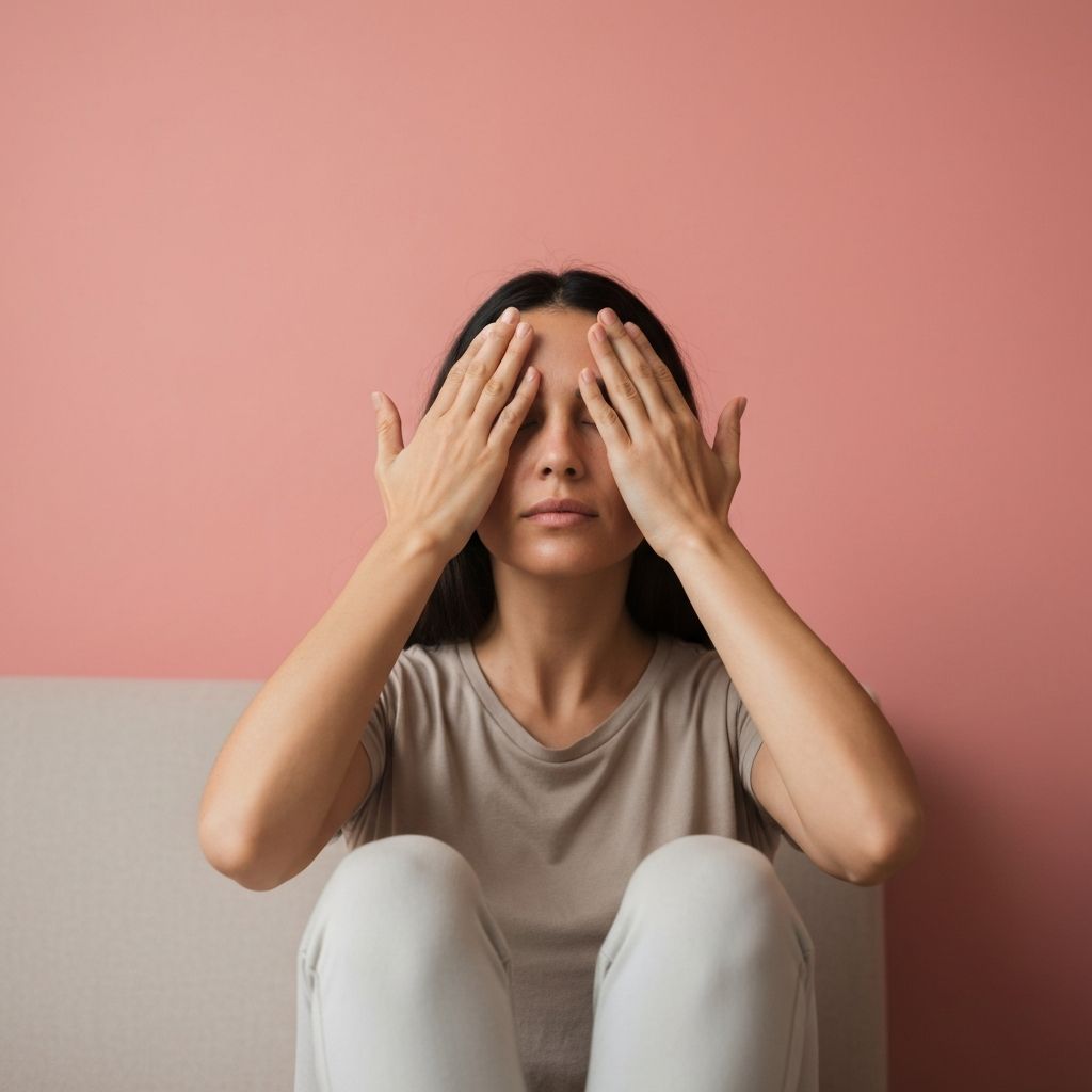 Mãos de uma pessoa a cobrir suavemente os olhos fechados com as palmas das mãos, demonstrando a técnica de palming de relaxamento ocular num ambiente doméstico tranquilo