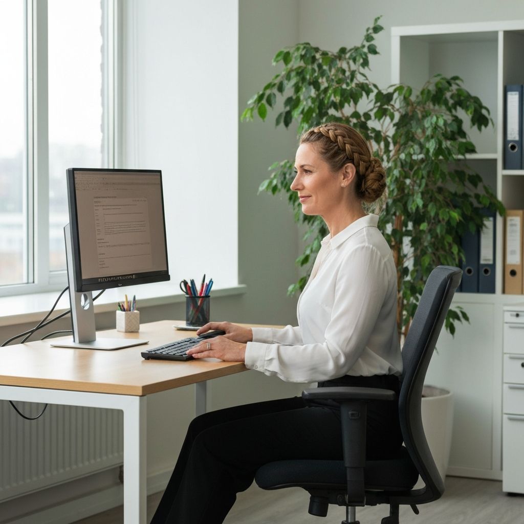 Secretária de escritório ergonómica e bem organizada, com monitor posicionado à altura dos olhos, iluminação natural lateral suave e planta decorativa ao fundo, representando um ambiente de trabalho confortável para a visão