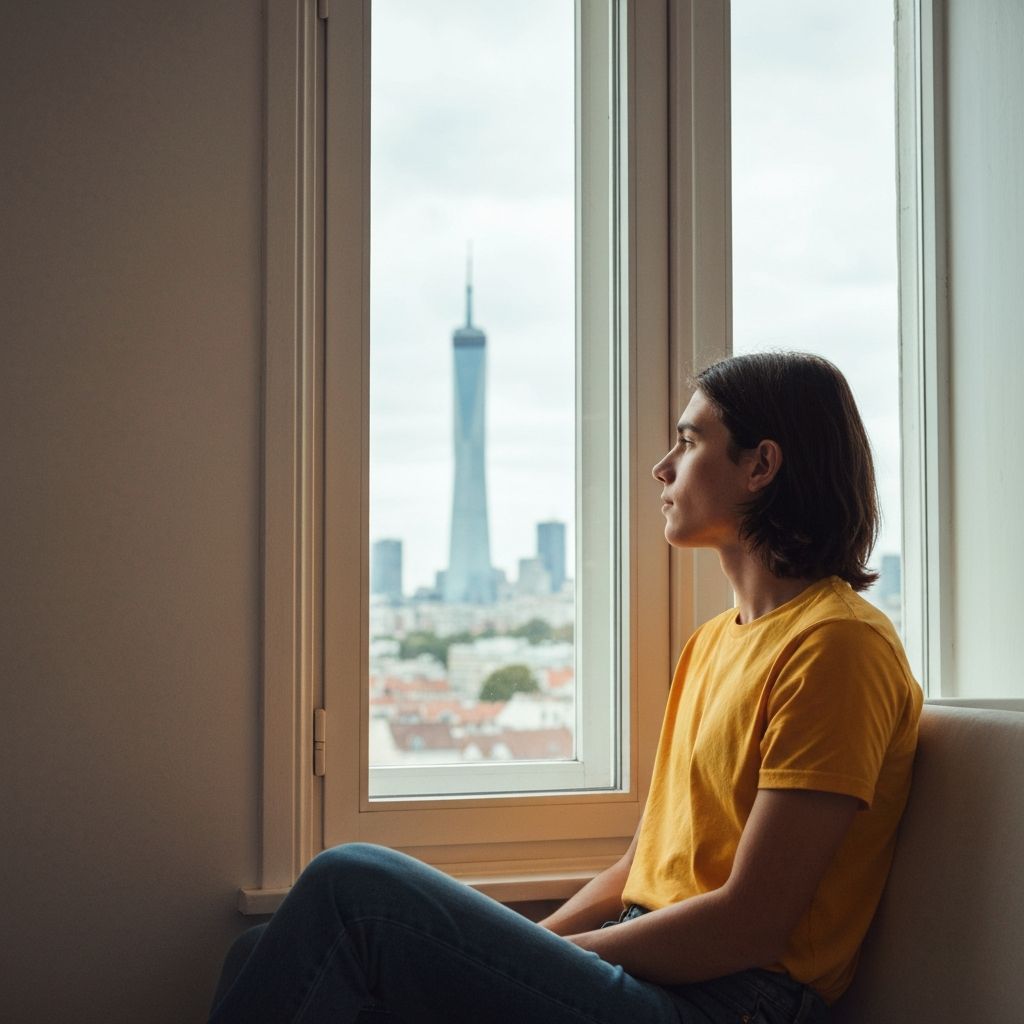Pessoa sentada junto a uma janela ampla, a olhar serenamente para a paisagem urbana ao longe, com luz natural suave a iluminar o rosto, simbolizando descanso visual e pausa consciente dos ecrãs