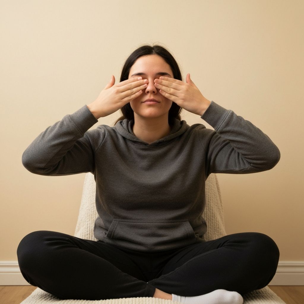 Pessoa a cobrir gentilmente os olhos fechados com as palmas das mãos aquecidas, numa posição relaxada e serena, demonstrando a técnica de palming para relaxamento ocular