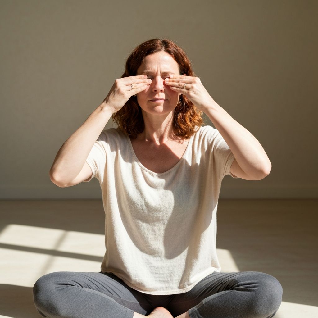 Mulher adulta num espaço tranquilo a mover lentamente os olhos em diferentes direções cardinais, com expressão concentrada e serena, demonstrando exercícios de mobilidade ocular